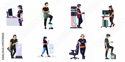 Flat illustration set of diverse professional esports players, gamers, and staff in team jerseys participating in competitive gaming activities and events.
