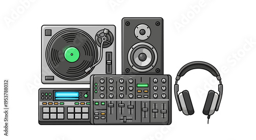 Dj Equipment Pixel Art: Turntable, Mixer, Drum Machine, Speaker, Headphones