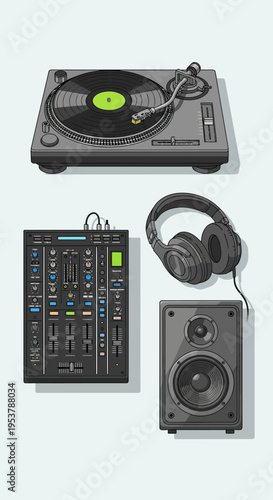 DJ Turntable, Mixer, Headphones, and Speaker: Pixel Art Music Equipment