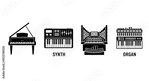 Diverse Keyboard Instruments: Piano, Synth, Organ, and Keyboard Icons