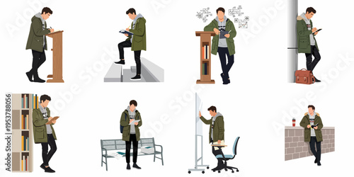 Flat vector illustration set of a young male student studying, writing, and using digital devices in various educational and campus settings.