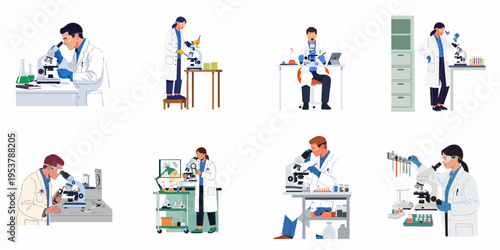 Professional scientists conducting research and analysis using microscopes and lab equipment in various laboratory settings, isolated on white background.