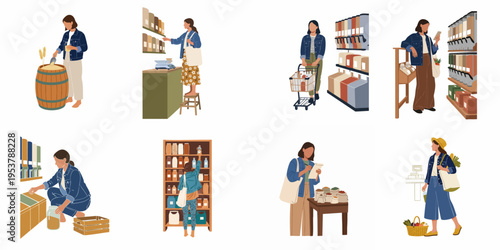 Flat illustration set of a young woman shopping in a zero-waste grocery store using reusable bags and glass jars for sustainable bulk buying.