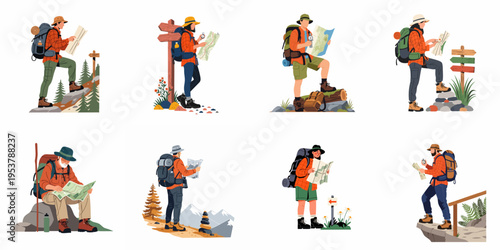 Set of diverse hikers and backpackers studying maps and navigating through mountain and forest landscapes during their outdoor adventure.