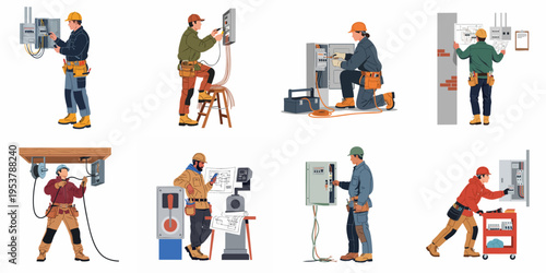 Collection of professional male and female electricians working on electrical panels, maintenance, and wiring installations in various industrial and residential settings.
