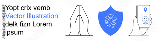 Cybersecurity, online privacy, digital safety, biometric authentication, communication, encryption. ion of praying hands, fingerprint shield smartphone with map pin. Cybersecurity and online privacy