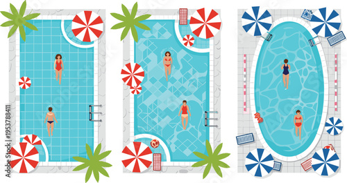 Top view swimming pools with people relaxing and umbrellas summer vacation resort scene flat vector illustration collection