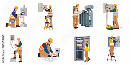 A collection of professional electricians performing maintenance, installation, and repair on various electrical systems, breaker boxes, and transformers.