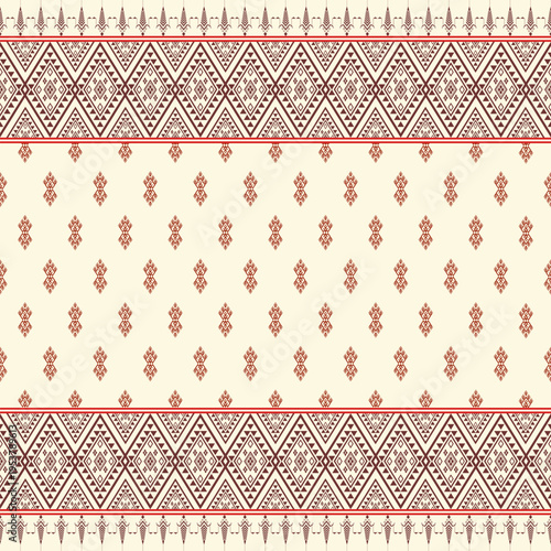Traditional Thai Ethnic Pattern with Intricate Geometric Diamond Motifs and Decorative Border in Maroon and Cream for Luxury Textile Design Vector Illustration Fashion Apparel