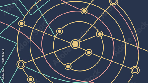 A vibrant vector graphic illustration of a stylized atomic structure with colorful lines and circles on a dark blue background