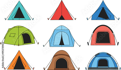 Camping tents collection with different outdoor shelter designs isolated flat vector illustration travel adventure equipment set