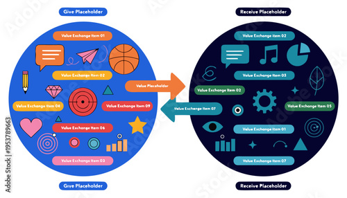 A colorful vector graphic illustrating the concept of value exchange between two parties
