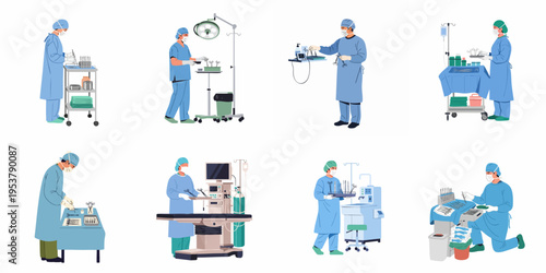 Collection of surgical medical staff illustrations, showing surgeons and nurses preparing instruments and equipment in various operating room settings.