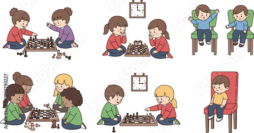Children playing chess and sitting activities set with kids learning strategy game indoors flat vector illustration collection