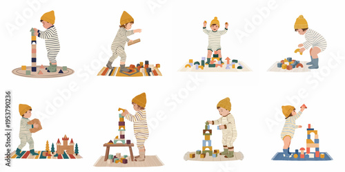 Collection of illustrations featuring a toddler in a yellow beanie playing with colorful wooden building blocks in various poses and activities.
