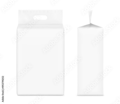 Realistic stand bag with hole handle mockup. Front and side views. Vector illustration isolated on white background. Suite for the presentation of diapers, wet wipes, pants changing mats. EPS10.