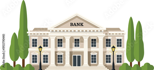 Classic bank building with columns and facade isolated on white background financial institution architecture flat vector illustration
