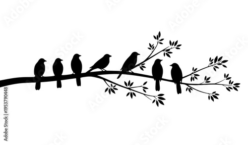 Black Birds on Tree Branch Silhouette Nature Scene Vector Illustration