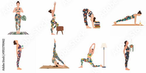 Collection of flat vector illustrations featuring a woman in floral activewear performing various yoga poses for home wellness and fitness.