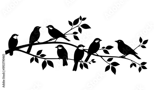Nature Bird Silhouette Collection on Leafy Tree Branch Black Vector Art