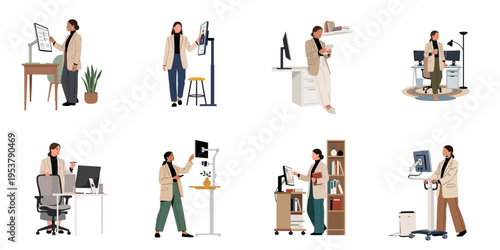 Set of professional women working in various modern office and home office environments with advanced technology and furniture.