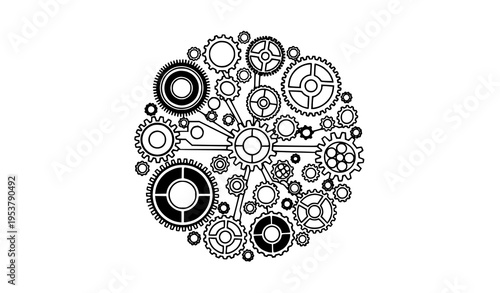 Monochrome Industrial Gear Mechanism Circular Arrangement Vector Graphic Design