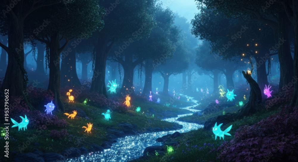 Obraz premium Mystical forest with glowing sprites by a stream