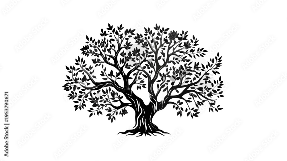 Fototapeta premium A minimalist black tree illustration with sprawling branches and leaves