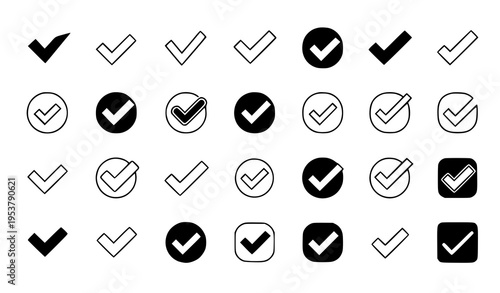 Tick and Check Mark Icon Vector Set Black and White Minimal Illustration