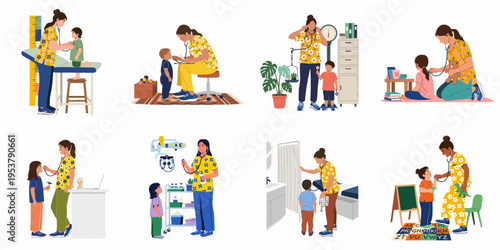 Set of illustrations depicting a friendly female pediatrician in floral scrubs conducting various medical examinations and check-ups for toddlers and young children.