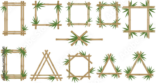 Collection of bamboo frames with tropical leaves natural border elements isolated on white background flat vector illustration set