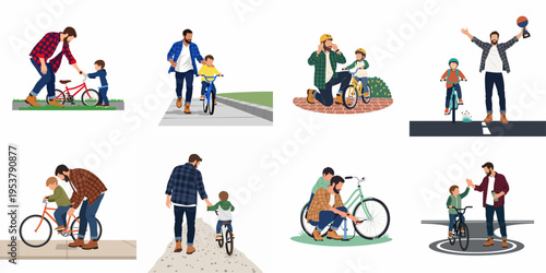 A collection of eight vector illustrations depicting a father teaching his young son to ride a bicycle, bonding through outdoor activities and support.