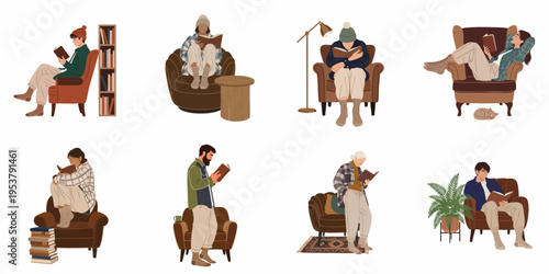 Collection of diverse people reading books in cozy armchairs, illustrating a relaxed and comfortable lifestyle focused on literature and quiet moments.