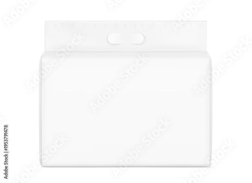 Realistic stand bag with hole handle mockup. Front view. Vector illustration isolated on white background. Suite for the presentation of changing mats, pads, diapers, wet wipes, pants. EPS10.