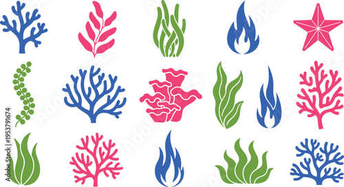Collection of coral reef elements seaweed and marine shapes colorful flat vector illustration ocean underwater nature design set