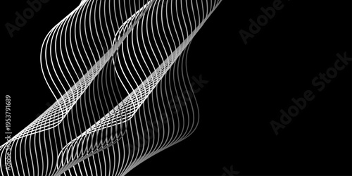 An abstract black and white background featuring a vector design of spiral lines and wave patterns creates a decorative light texture for a modern art wallpaper backdrop