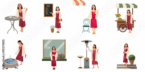 Set of flat illustrations featuring a fashionable woman enjoying various outdoor activities at a cafe, flower shop, and park.
