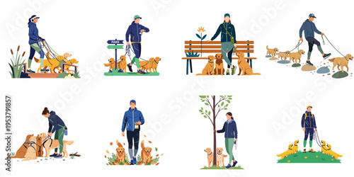 Set of flat vector illustrations featuring professional dog walkers and pet owners with golden retrievers in various outdoor park settings.