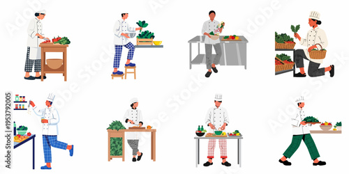 Illustration of professional chefs and cooks in a restaurant kitchen preparing healthy meals with fresh vegetables and organic ingredients.