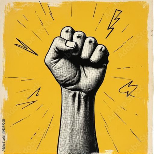 Iconic Black and White Fist Raised High on a Vibrant Yellow Background with Abstract Rays and Lightning Symbols