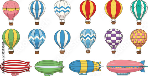 Collection of hot air balloons and airships with colorful designs isolated on white background travel aviation vector illustration set