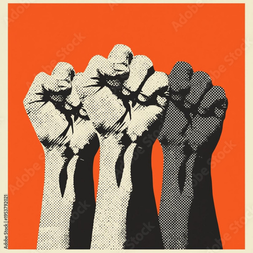 Three Clenched Fists Raised in Solidarity Against an Orange Background Symbolizing Protest and Social Justice