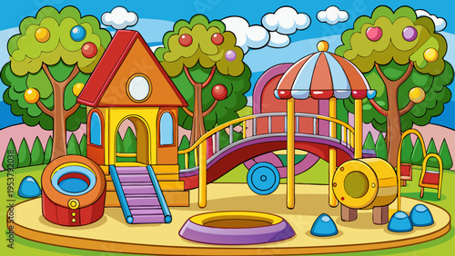 Colorful cartoon playground scene featuring a playhouse with a slide and a bridge in a sunny park