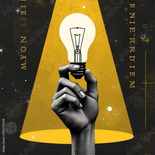A hand holding a lit incandescent light bulb, symbolizing innovation and new ideas, against a yellow spotlight in a dark, starry background.