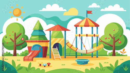 A vibrant and colorful outdoor playground scene featuring play structures under a sunny blue sky