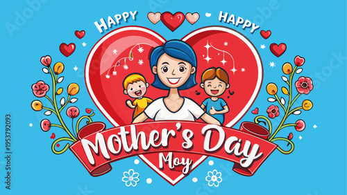 A cheerful illustration of a mother with her two children celebrating a happy mother's day event