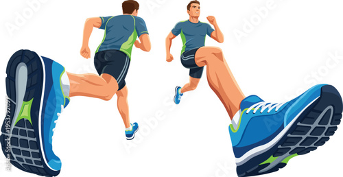Dynamic Running Man Illustration in Motion with Sport Shoes Perspective