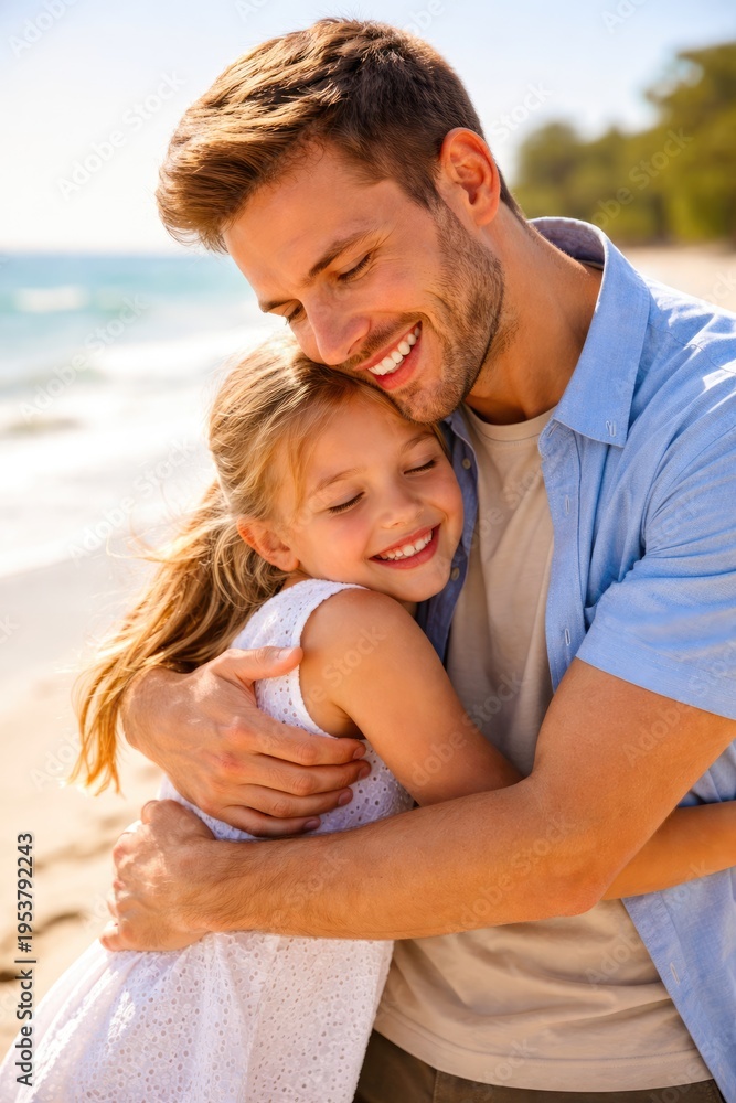 Fototapeta premium Loving father hugging daughter on beach with warm sunlight and emotional connection