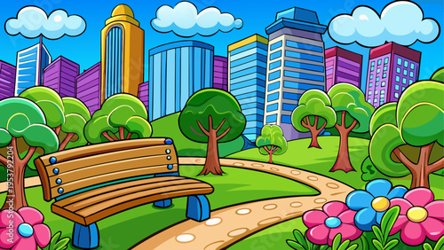 A vibrant cartoon illustration featuring a wooden park bench on a scenic pathway in a city center