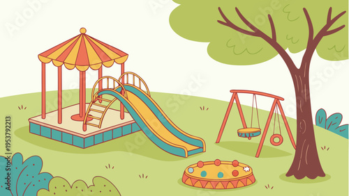 A colorful cartoon playground scene featuring a slide merry-go-round swing set and a sandbox area